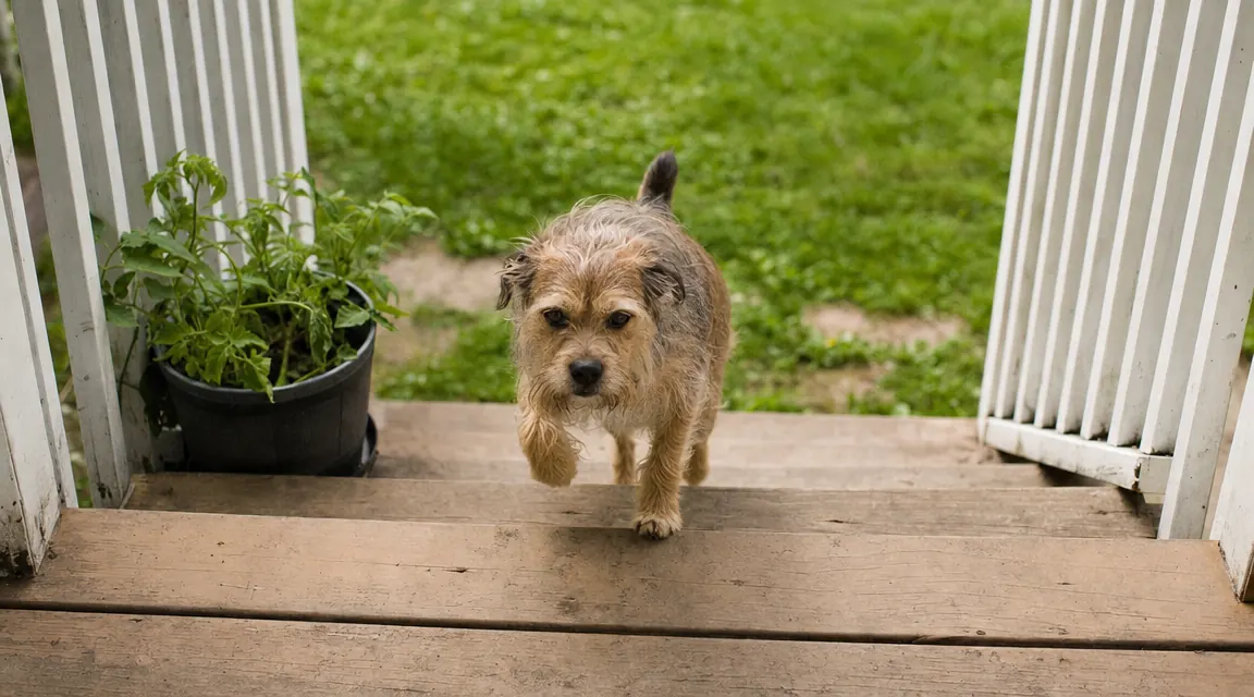 Small dog walking up a few porch steps with ease, shot from a low angle