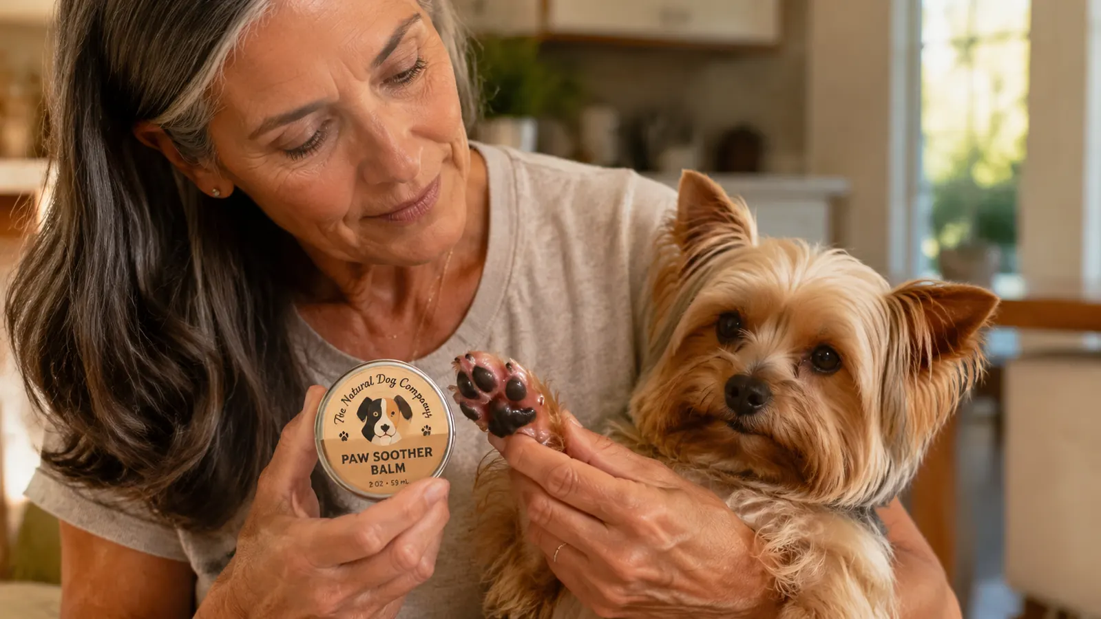 Hand applying Natural Dog Company Paw Soother balm to a small dog's paw pad