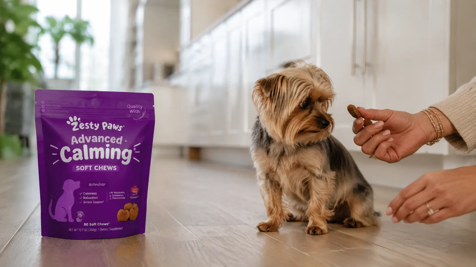 Owner gently offering a calming chew treat to a small anxious dog who turns her head away