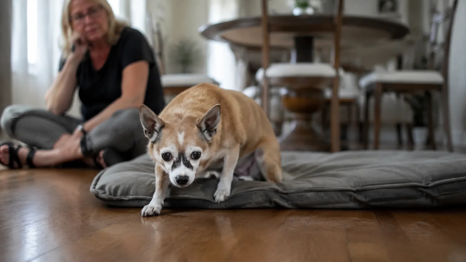 Senior small dog slowly rising from a flat pillow bed on a hardwood floor, showing stiffness in rear legs