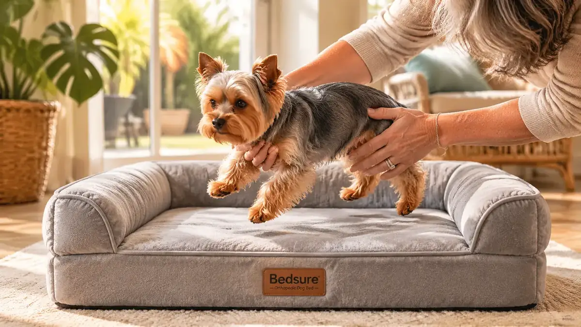 Hand placing a small dog gently into a Bedsure orthopedic bolster bed