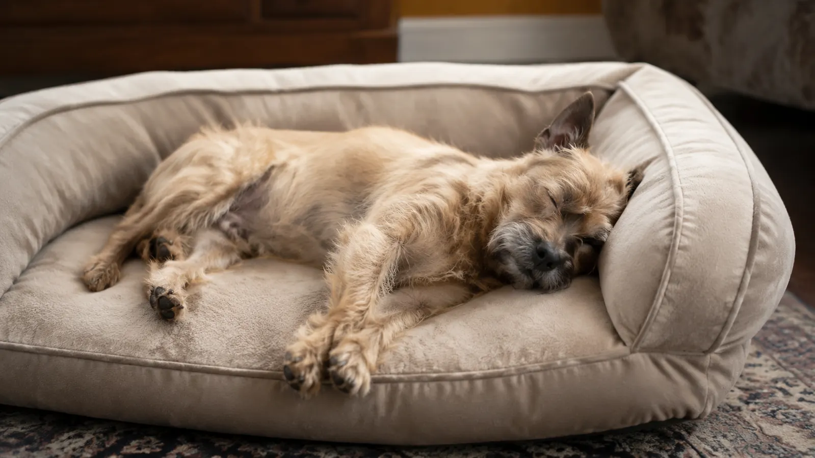 Small dog sleeping soundly in an orthopedic dog bed, completely relaxed with legs extended