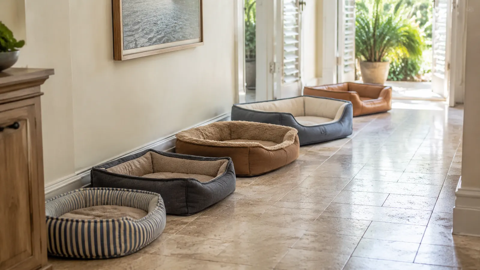 Row of dog beds lined up in a hallway, showing a multi-bed household