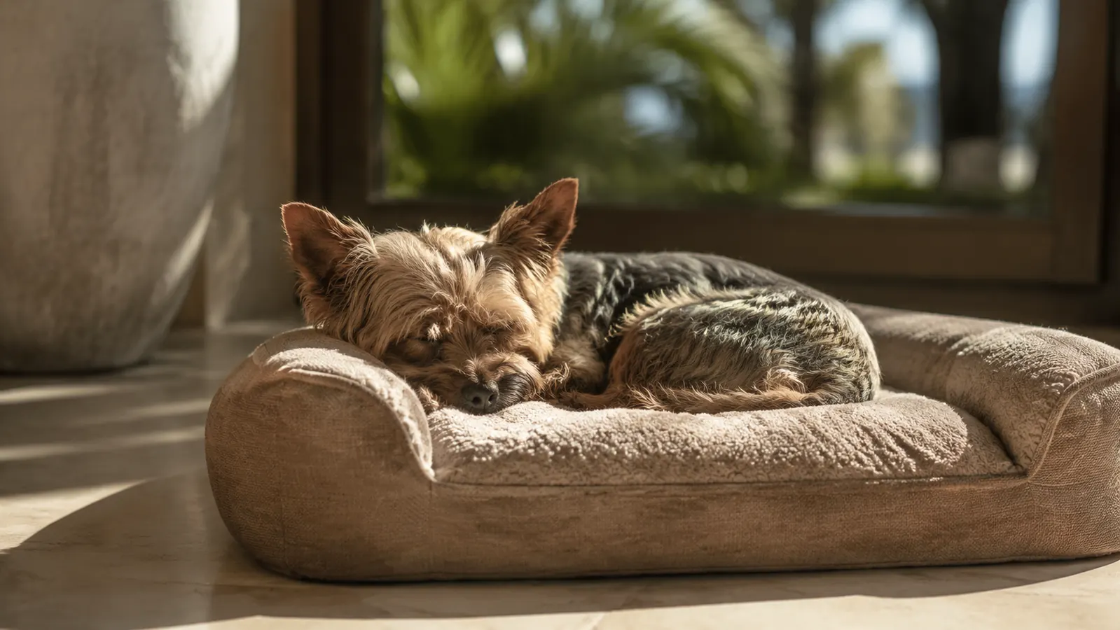 Senior small dog sleeping curled up on an orthopedic bolster bed, looking relaxed and comfortable