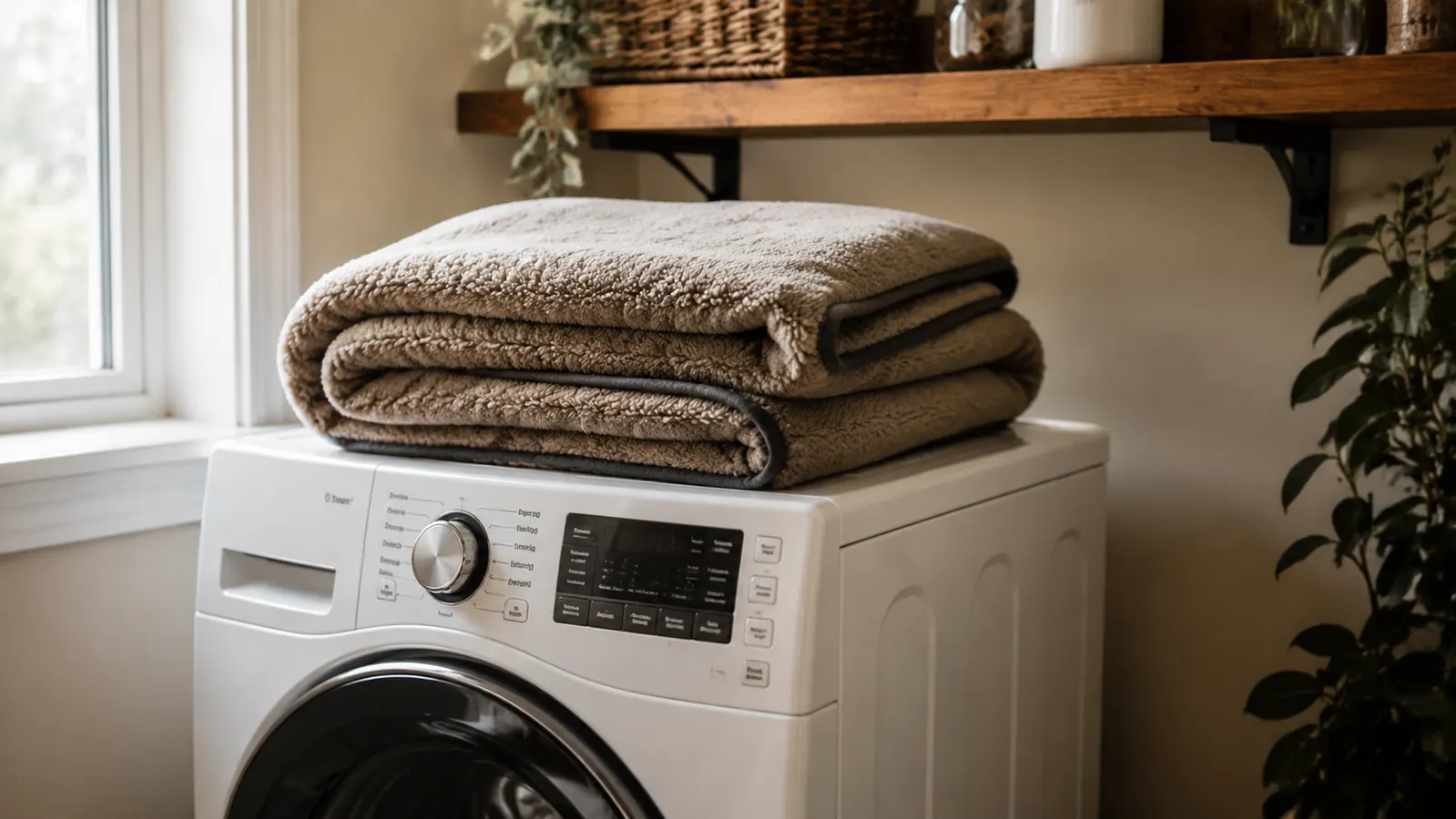 Small dog bed cover laid flat on a washer drum, showing the fabric texture after multiple wash cycles