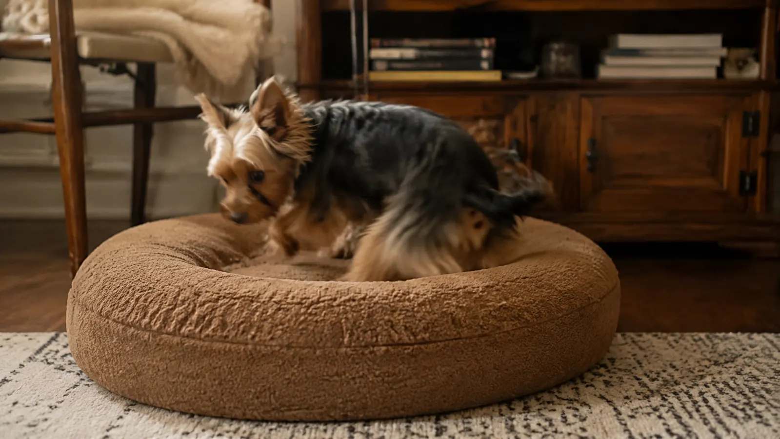Tiny Yorkie circling on a bolster dog bed before lying down, caught mid-turn