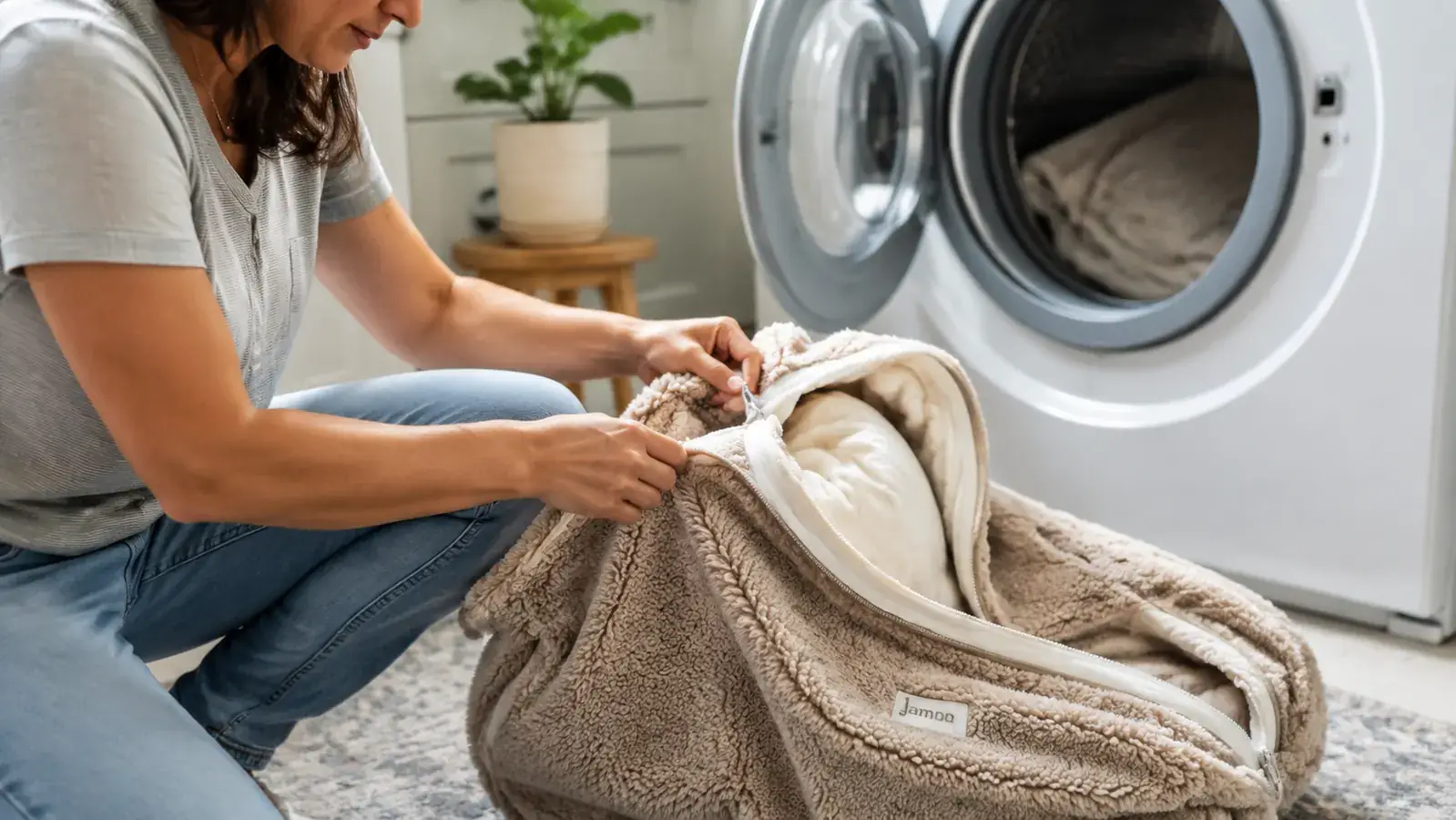 Bedsure dog bed cover being removed and placed next to a washing machine, ready for laundering