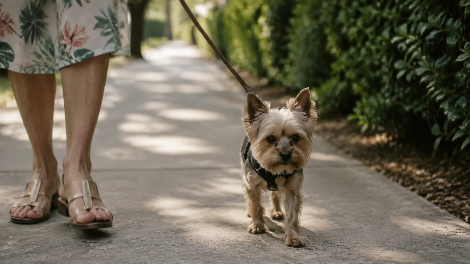 Small older Yorkie walking slowly along a shaded Florida sidewalk beside its owner