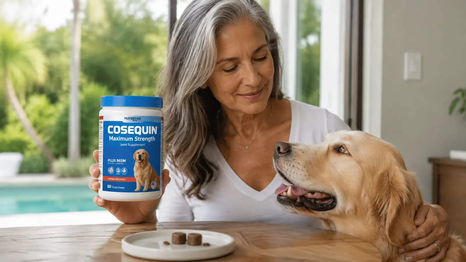 Cosequin soft chew broken in half to show the inside texture, placed next to a small dog treat for size comparison