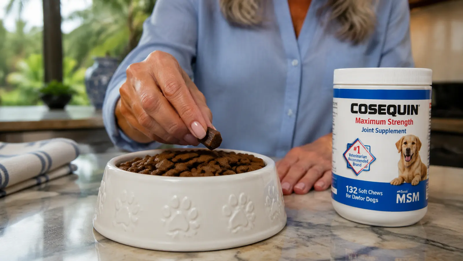 Woman's hand placing a soft chew supplement on top of dog food in a small ceramic bowl