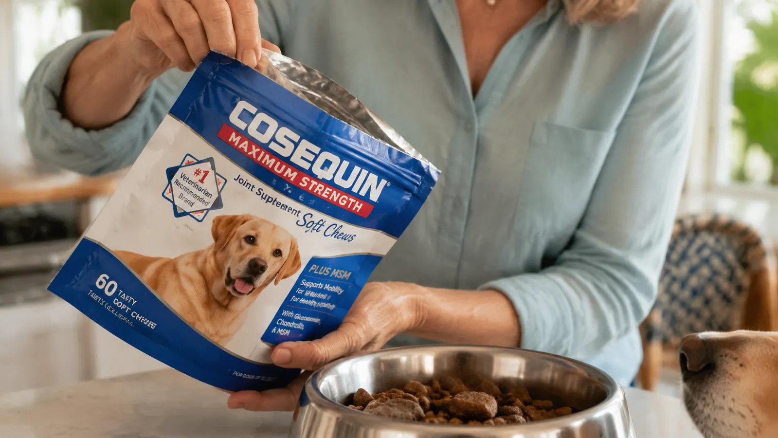 Close-up of Nutramax Cosequin soft chews spilling from the container onto a wooden surface
