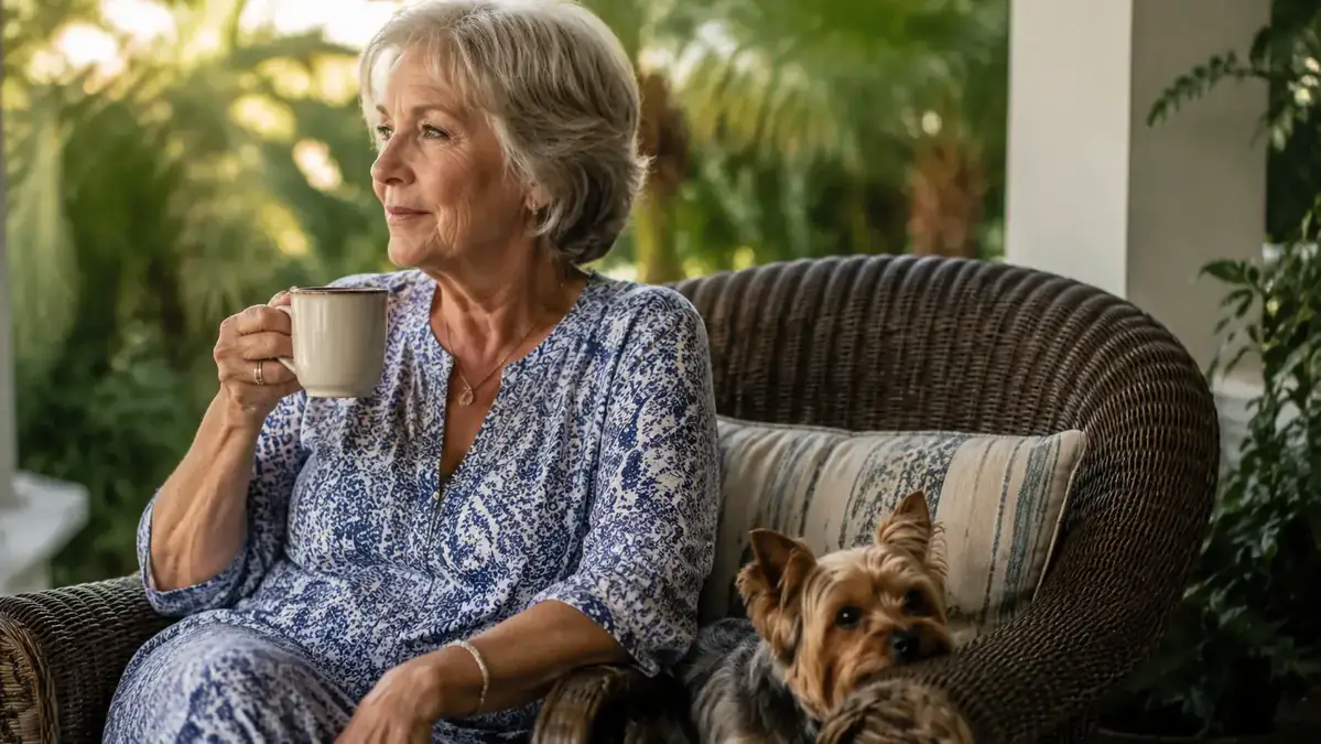 Older woman and small Yorkie sitting together on a porch in the early morning, both calm and content