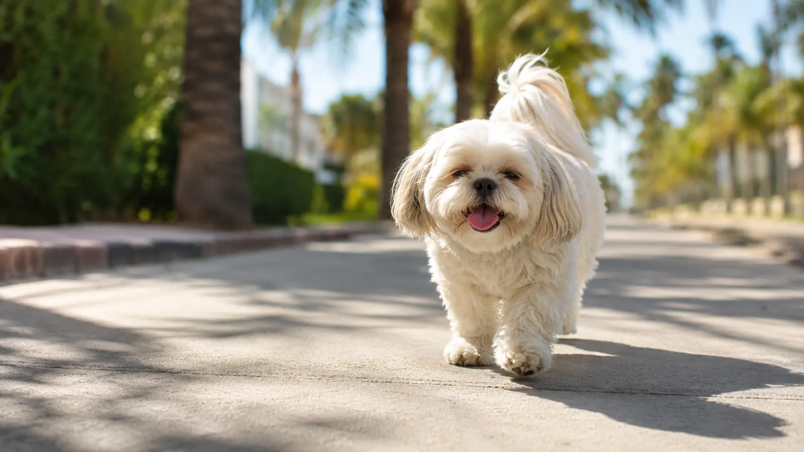 Small white Shih Tzu on a leash walking on a sidewalk in bright Florida sunlight