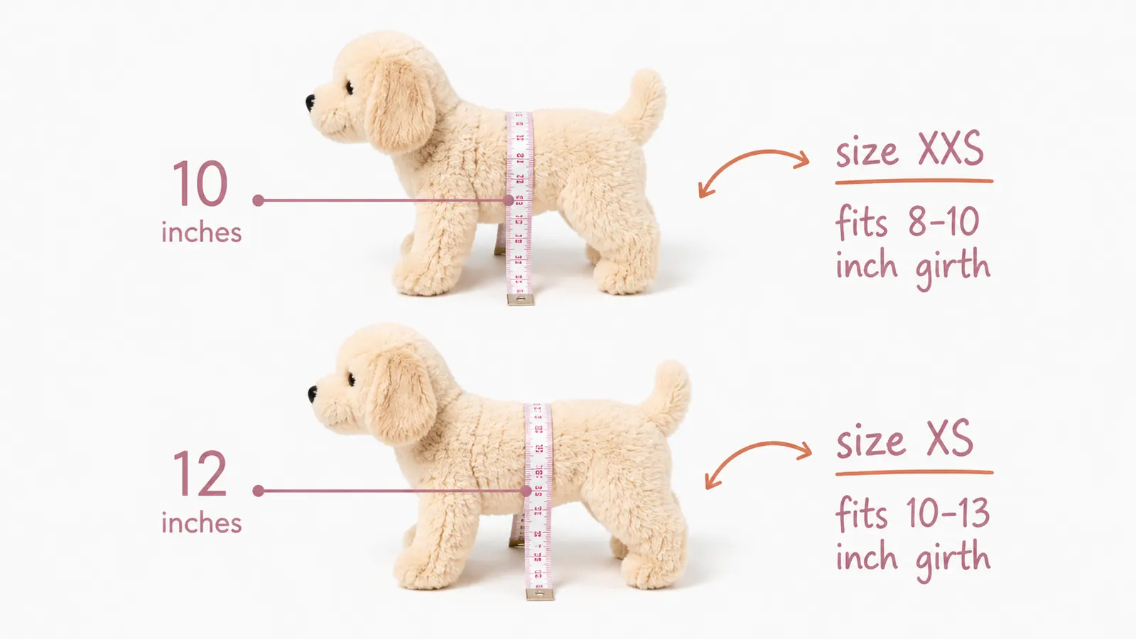 Side-by-side ruler measurement showing girth sizing for a 7-pound and a 9-pound Yorkie