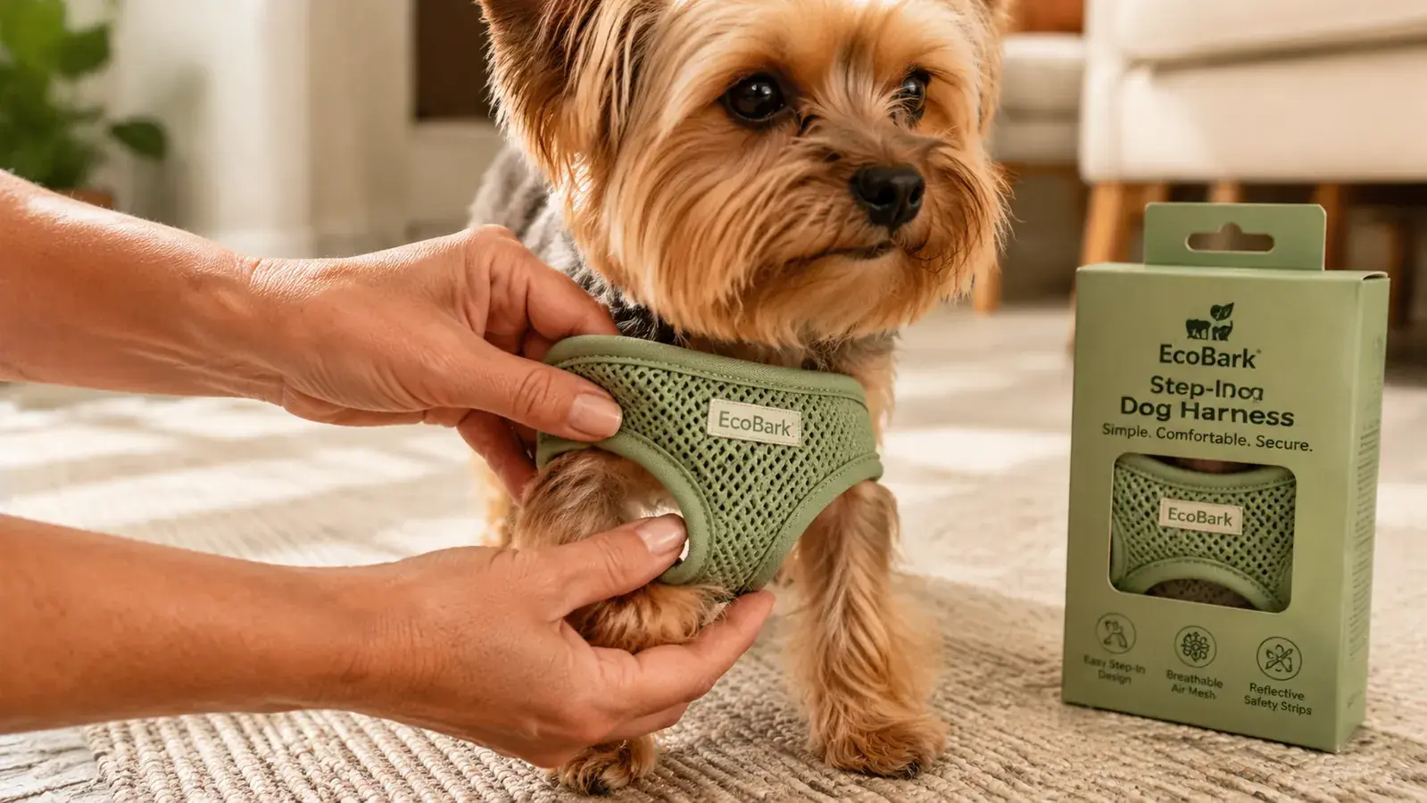 Hands gently guiding a small dog's front paws into the leg holes of a step-in mesh harness on a wood floor