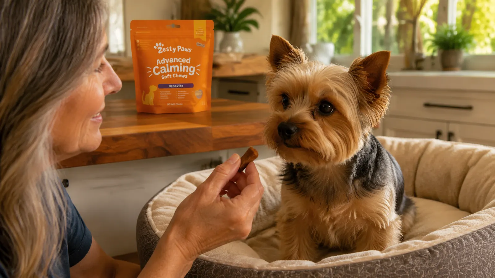 Close-up of Zesty Paws Advanced Calming Soft Chews package held in a hand next to a small Yorkie
