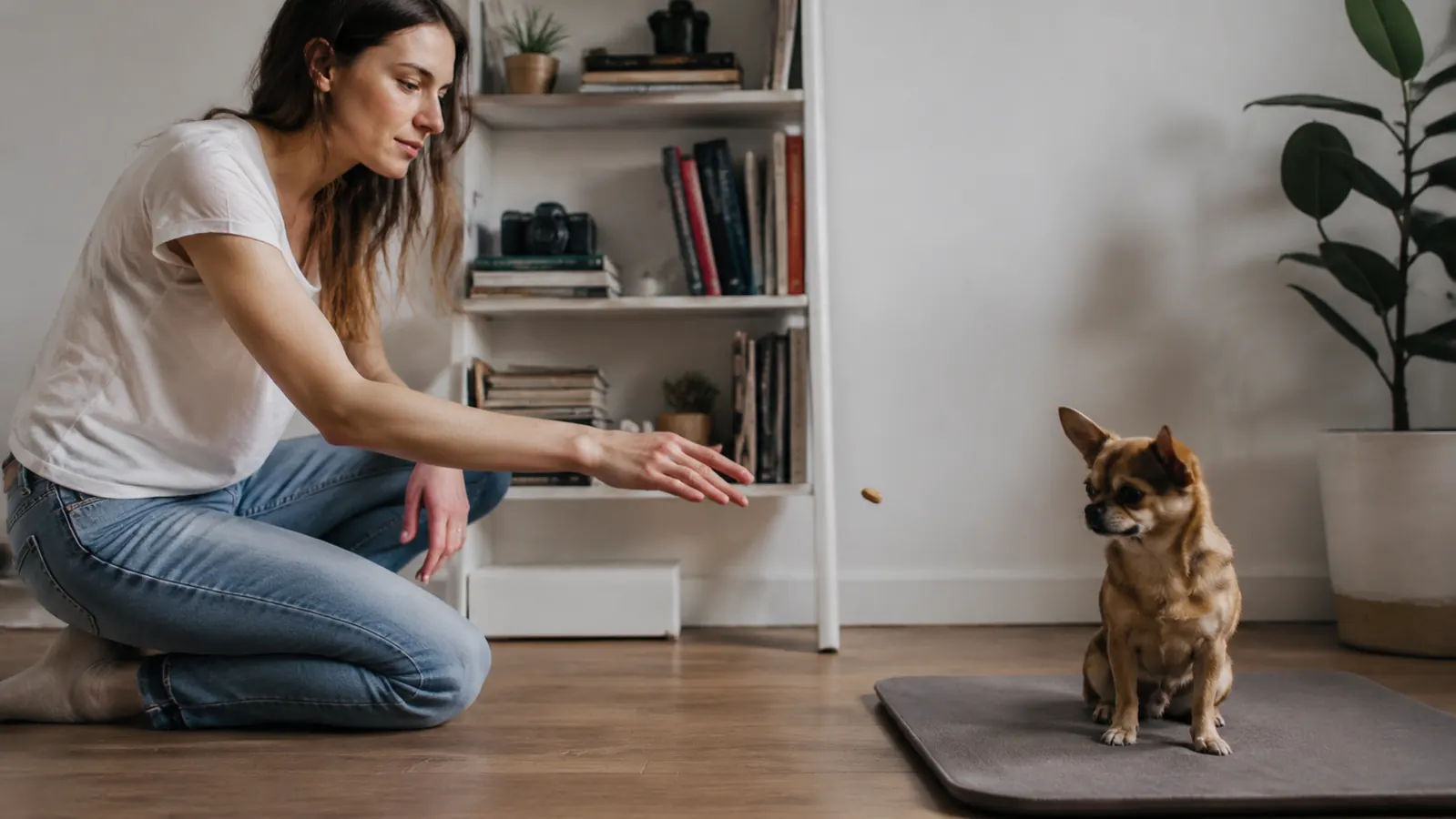 A dog owner doing a slow treat toss toward their rescue dog on a mat, counterconditioning session