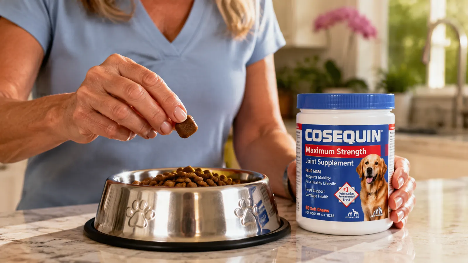 Hand placing a soft chew supplement into a dog bowl next to a portion of kibble