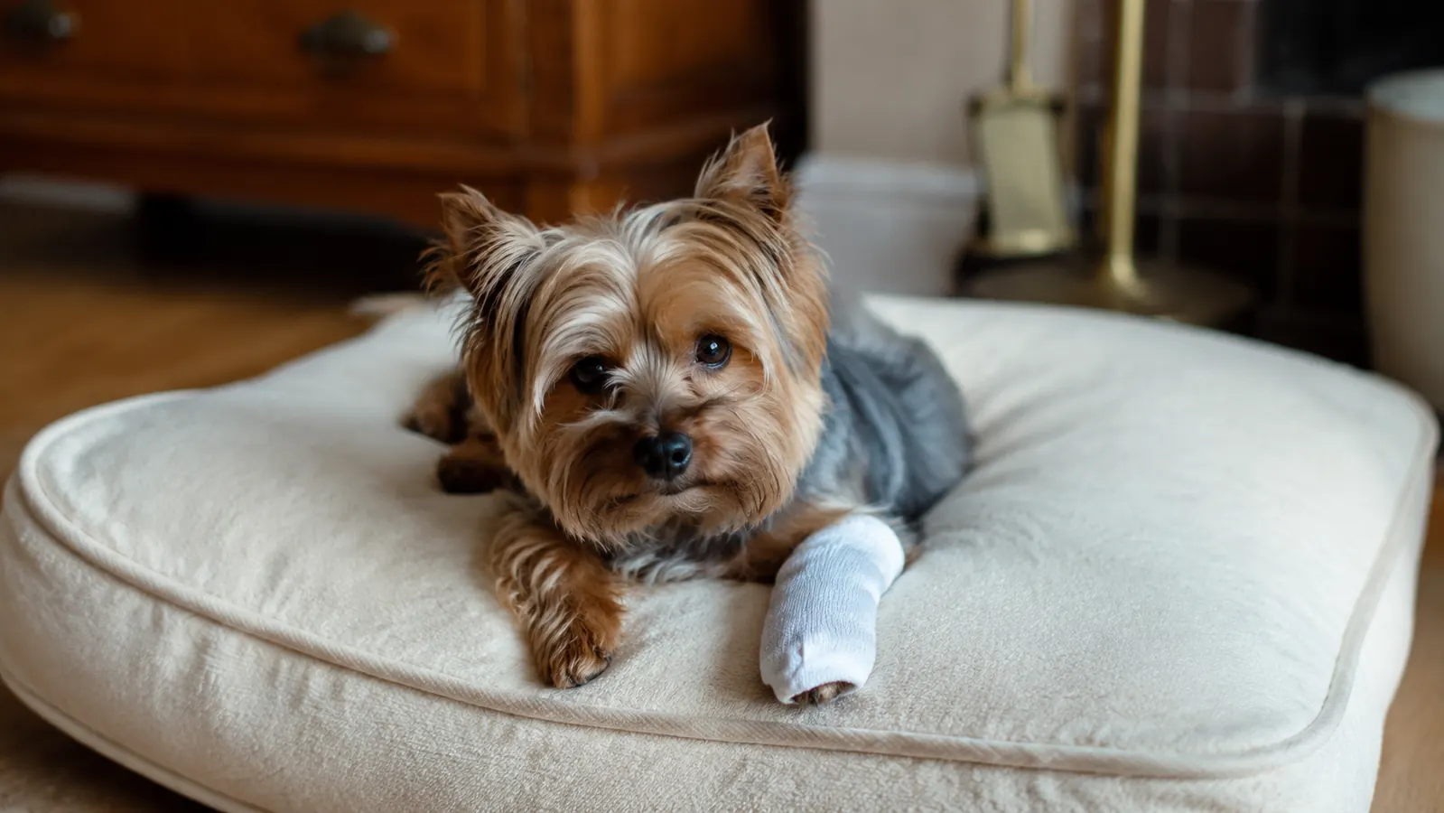 Small dog wearing a loose white sock on one paw, lying contentedly on a cream dog bed