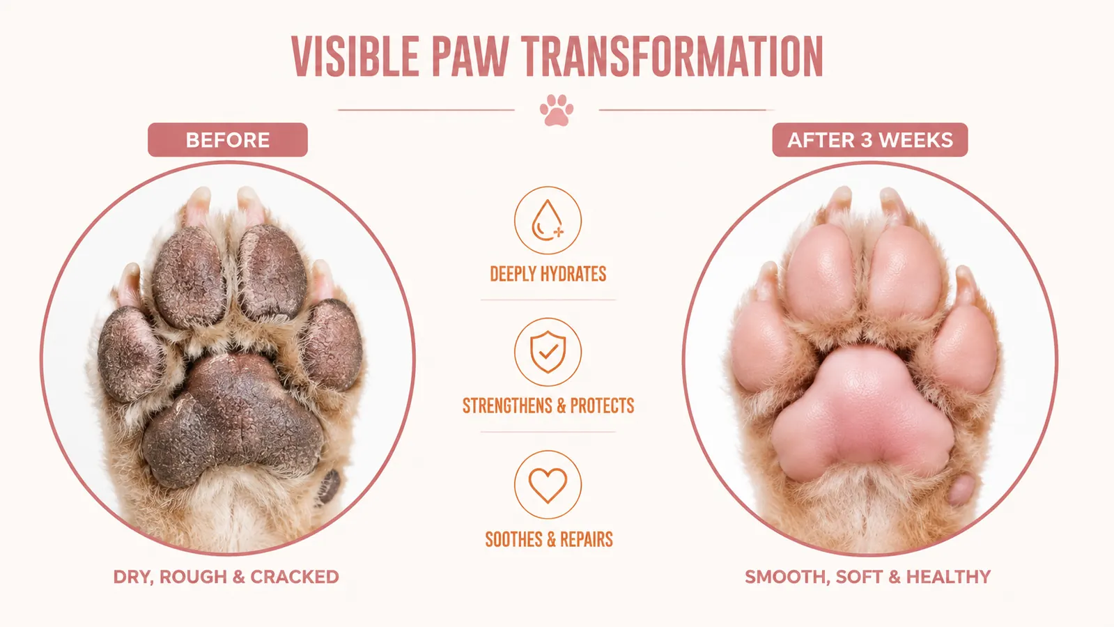 Before and after comparison showing rough cracked paw pads versus smooth healthy paw pads on a small dog