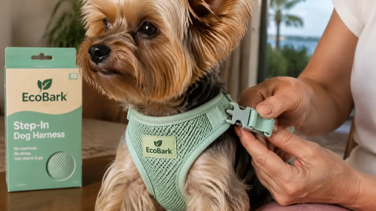 Hands adjusting the chest buckle on a soft mesh step-in harness on a small dog