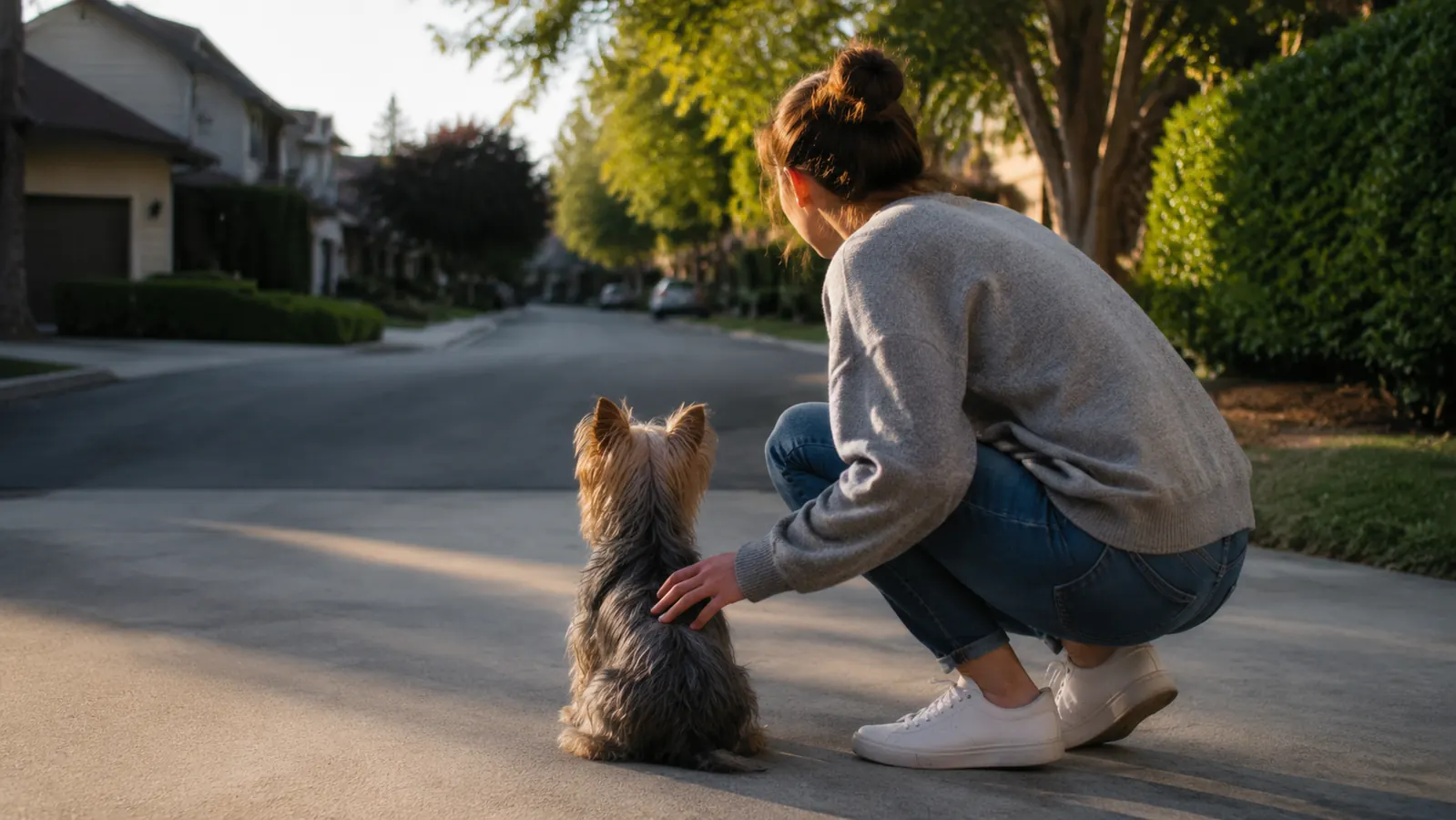 Small dog sitting calmly at the end of a short driveway, owner crouching beside her, both looking away from the street