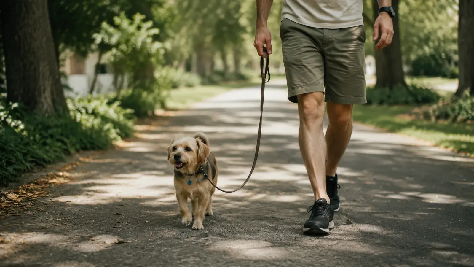 Small dog walking loosely beside a person on a quiet tree-lined path, leash slack