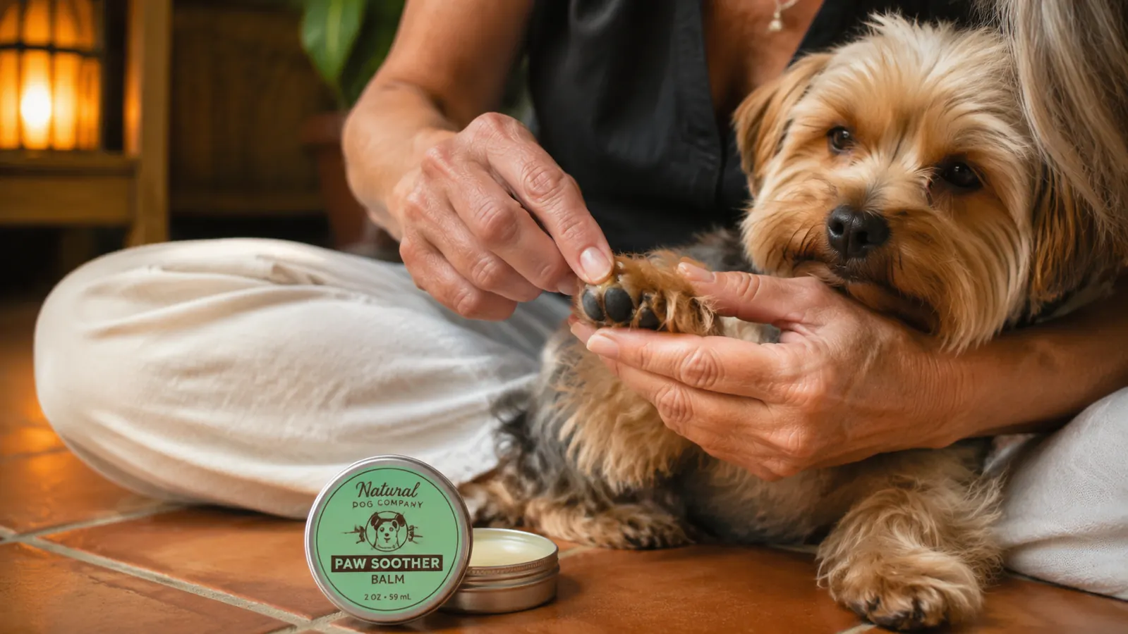 Mature woman's hands working a small amount of paw balm into a Yorkie's rear paw pad, tin open beside her on tile floor