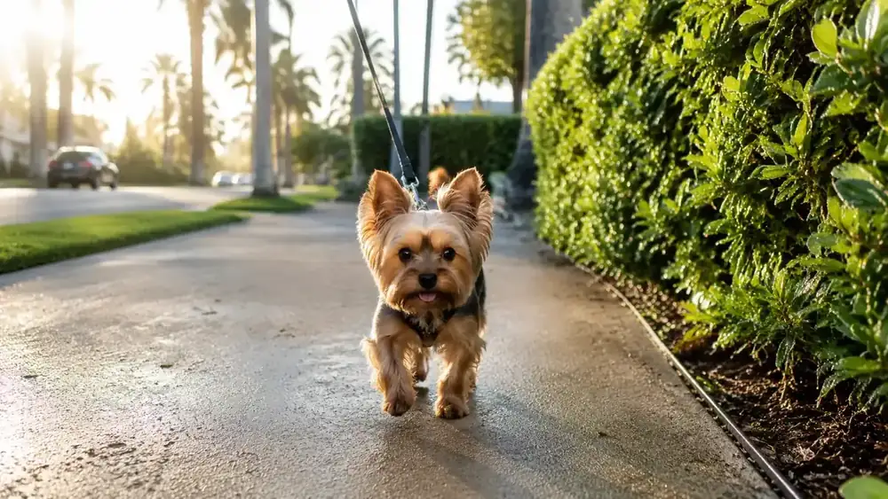 Small Yorkie on an early morning walk in a shaded South Florida neighborhood, leash attached, paws on cool pavement