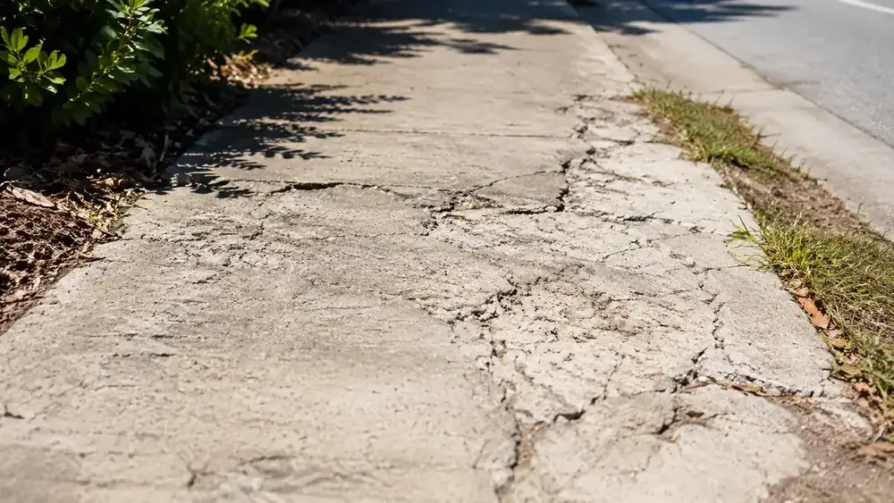 Hot sunlit sidewalk in a South Florida neighborhood at midday, heat haze visible near the pavement surface