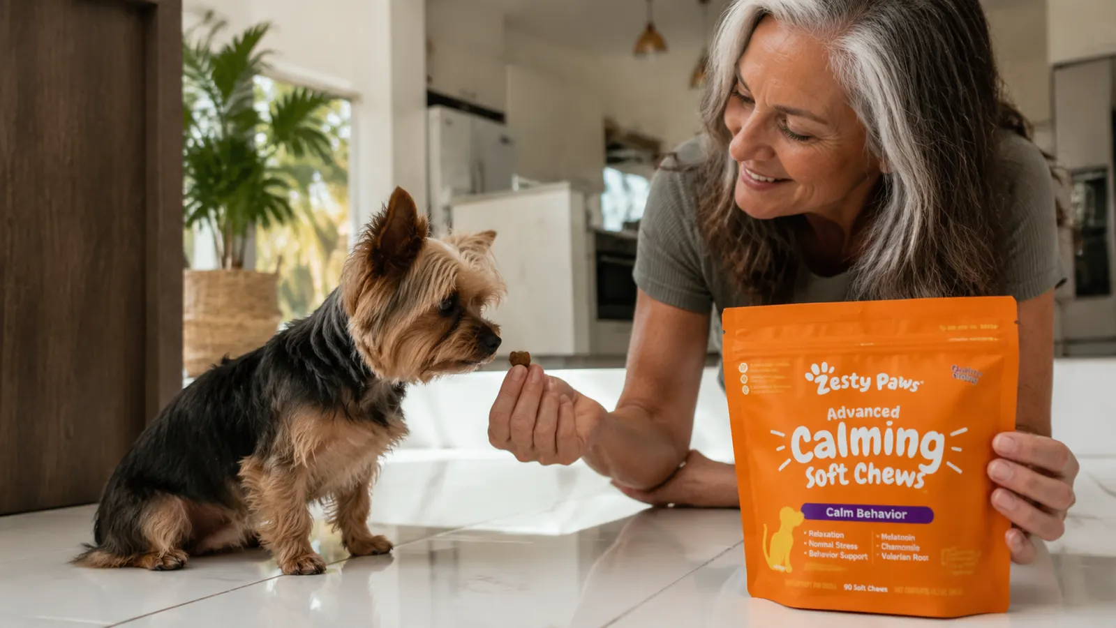Hand offering a small soft chew treat to a Yorkie sitting on a tile floor