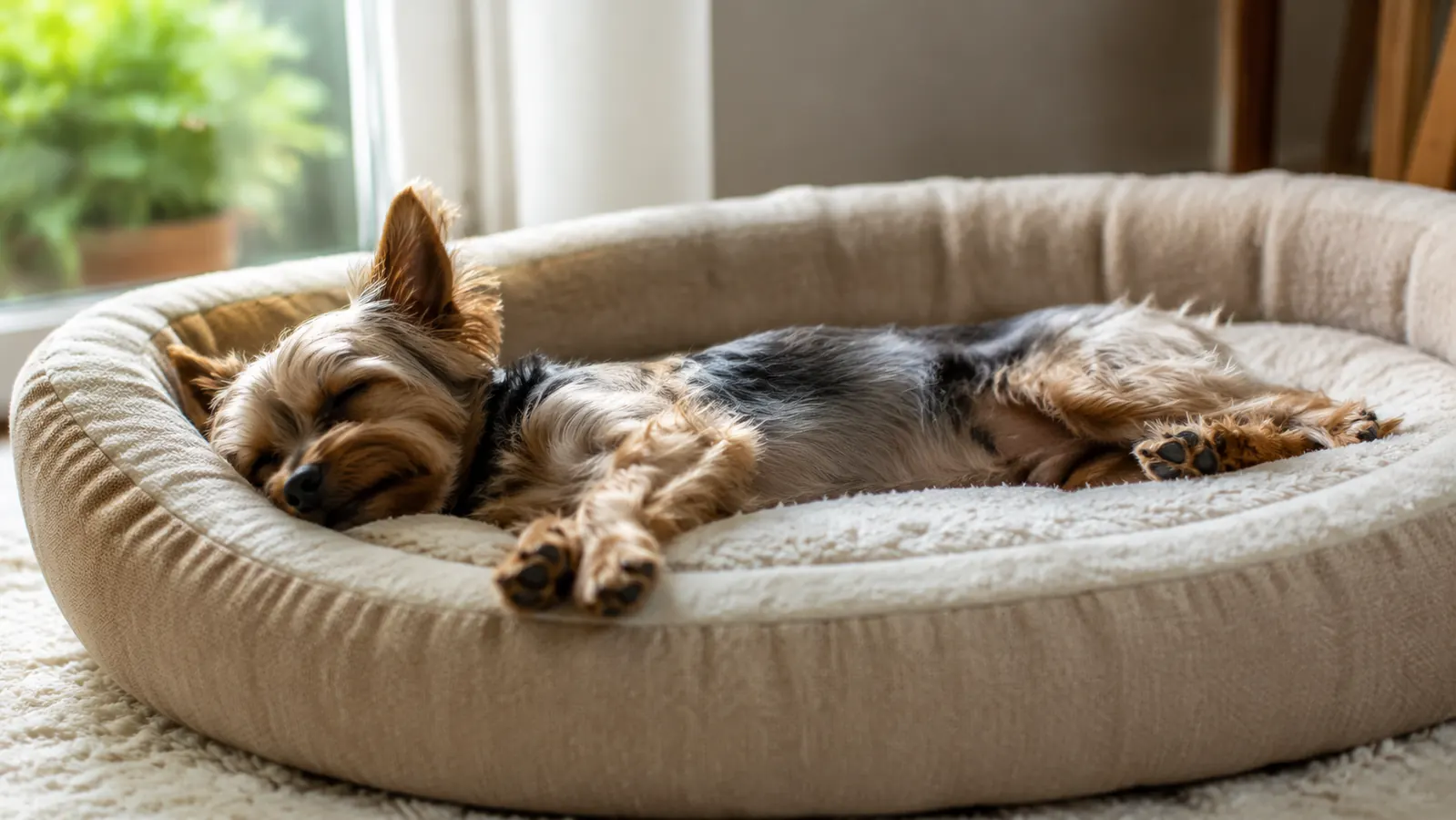 Small Yorkie sleeping stretched out in a dog bed beside a window
