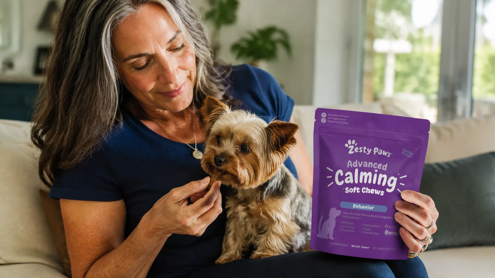 Woman offering a soft chew treat to a small Yorkie sitting on her lap