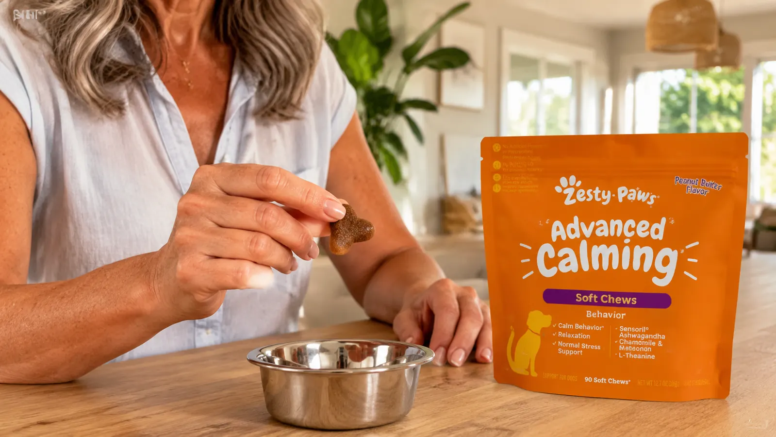 Hand holding a Zesty Paws calming soft chew over a small dog's food bowl on a kitchen counter