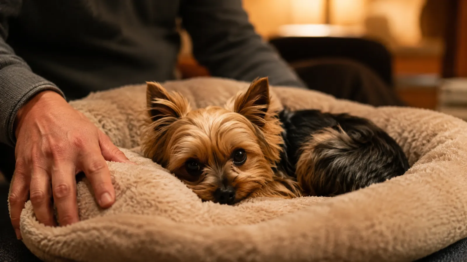 Rescue Yorkie sleeping soundly in a dog bed, owner's hand resting gently on her side